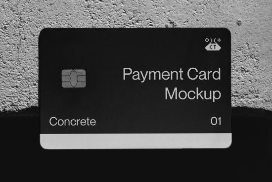 Black payment card mockup on concrete surface for graphic design, customizable template, branding and presentation, digital asset.